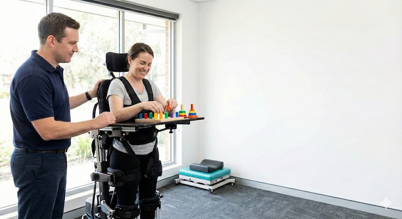 Physiotherapist with patient in wheelchair