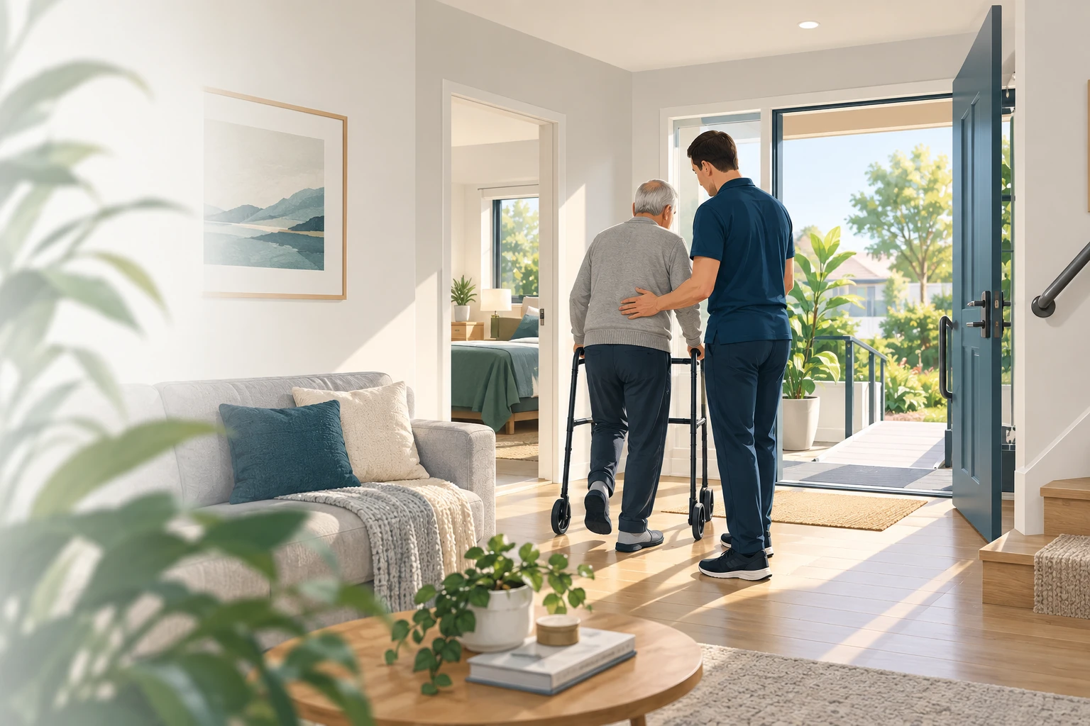 Illustration of a physiotherapist supporting an older man using a wheeled walker at home.